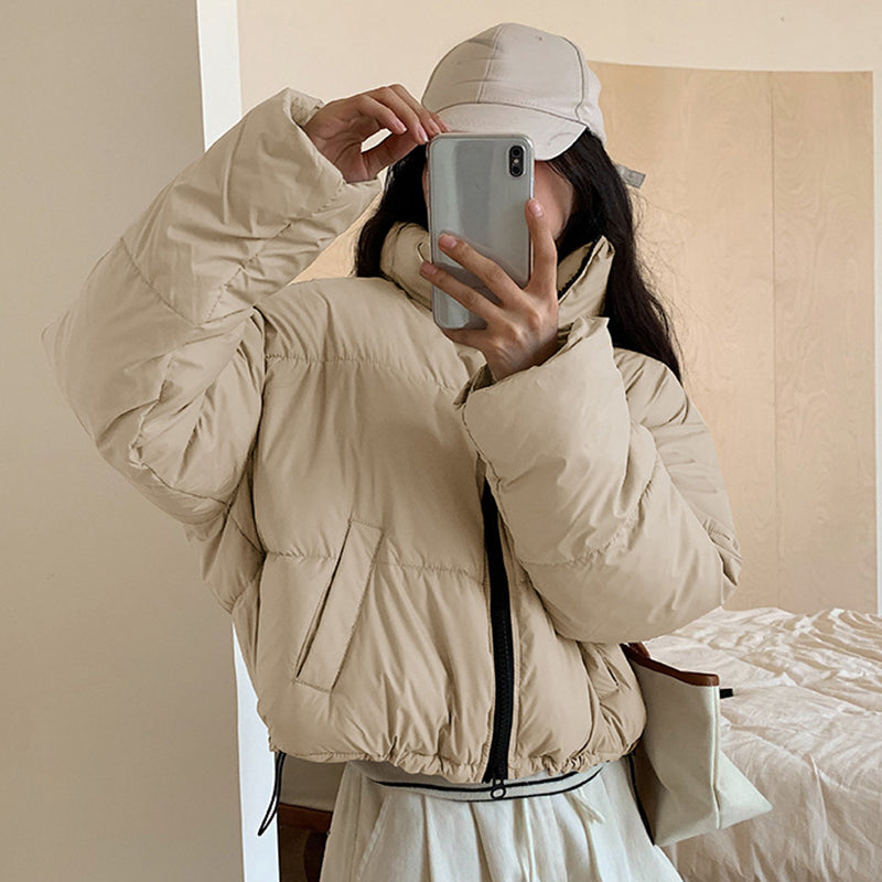 Women’s Cropped Puffer Jacket – Stand Collar Slim Fit Coat