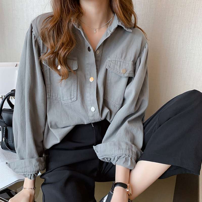 Women’s Korean Style Long Sleeve Blouse – Casual Polo Collar Pocket Shirt