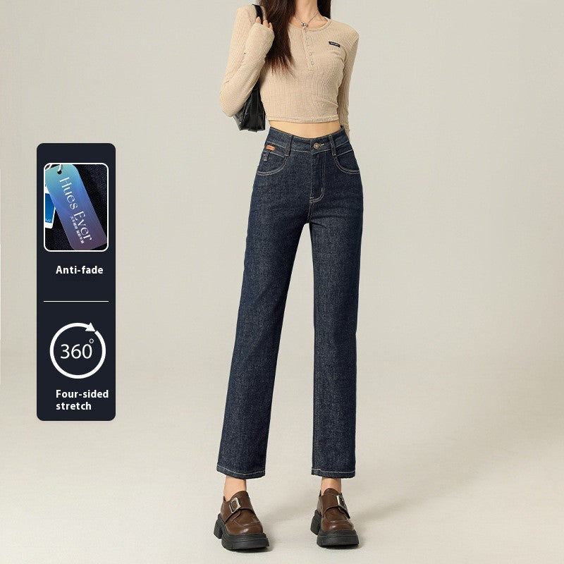 Women’s Cropped Straight Jeans – Fade-Resistant Blue Cotton Denim Casual Pants