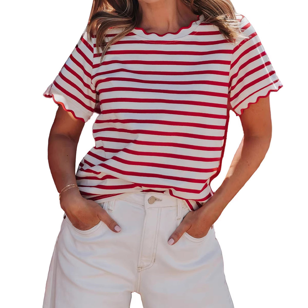 Women’s Trendy Striped Ruffled Hem Cotton T-Shirt