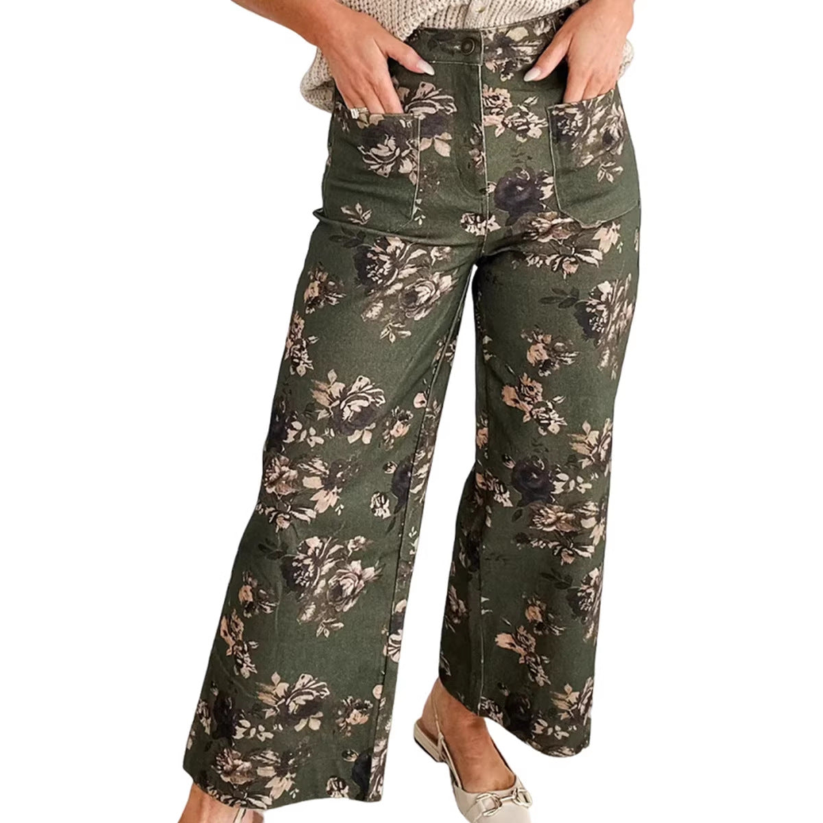 Women’s Retro Floral Print Jeans – High-Waist Style