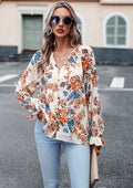 Women’s Floral V-Neck Chiffon Blouse – Casual Elegant Long Sleeve Loose Top