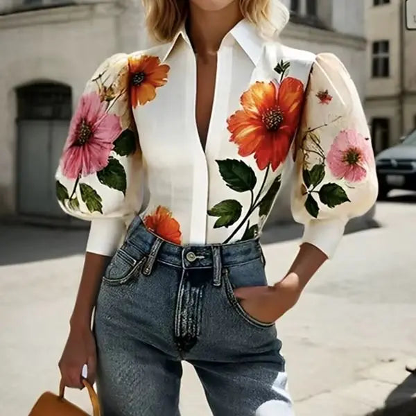 Women’s Floral Puff Sleeve Blouse | V-Neck Elegant Shirt