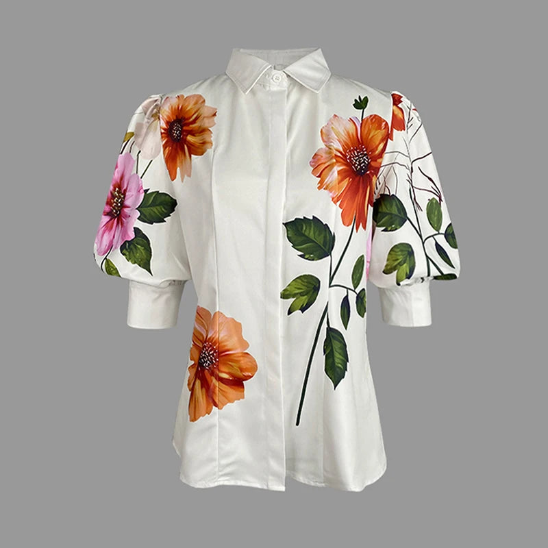 Women’s Floral Puff Sleeve Blouse | V-Neck Elegant Shirt