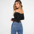 Women’s Off-Shoulder Long Sleeve Crop Top – Slim Fit Solid Color T-Shirt