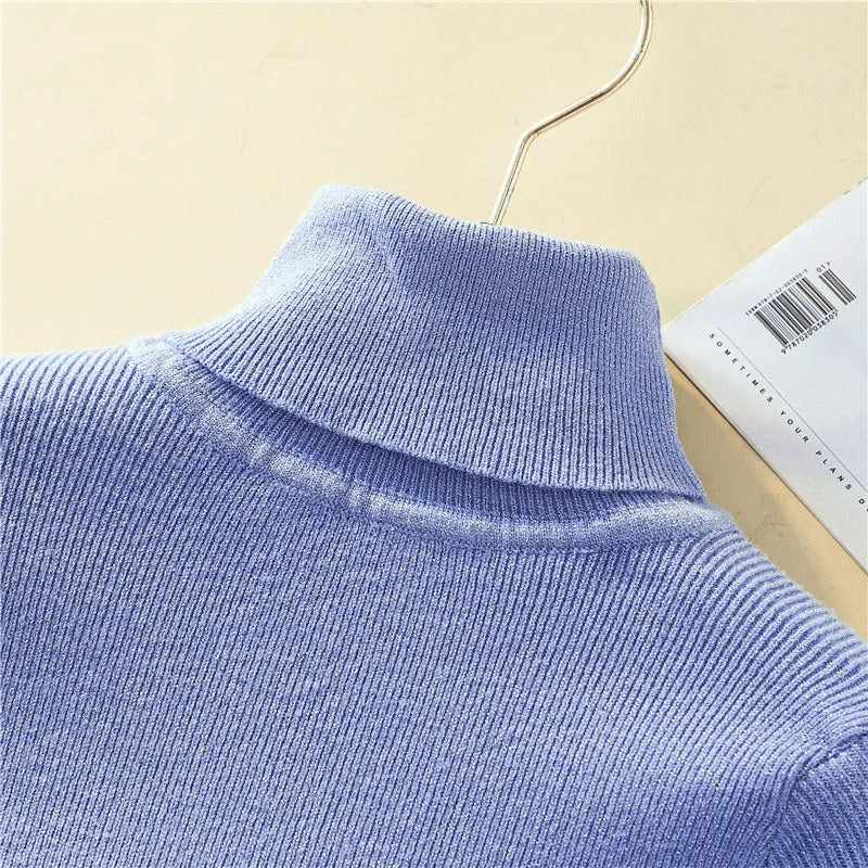 Slim Turtleneck Sweater Women Shiny Knit Winter Top