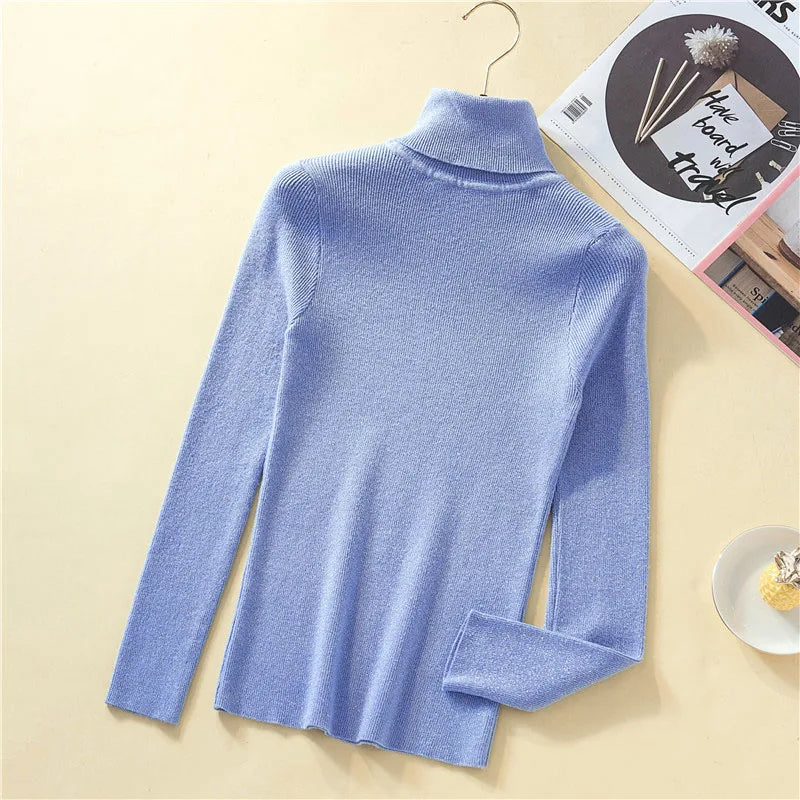 Slim Turtleneck Sweater Women Shiny Knit Winter Top