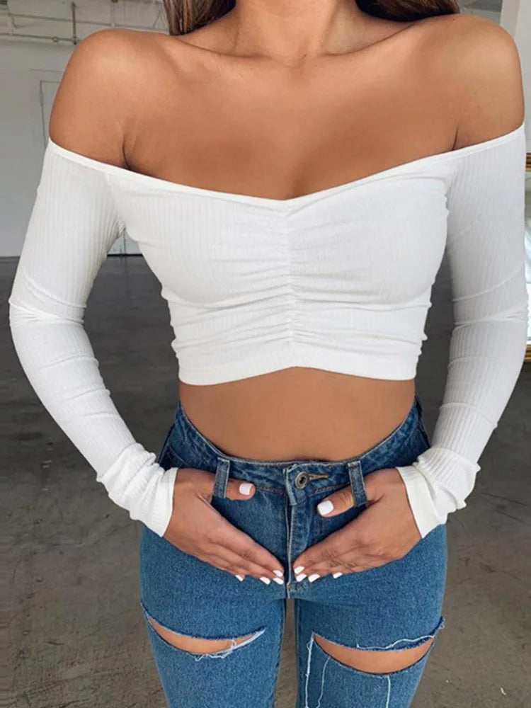 Women’s Off-Shoulder Long Sleeve Crop Top – Slim Fit Solid Color T-Shirt