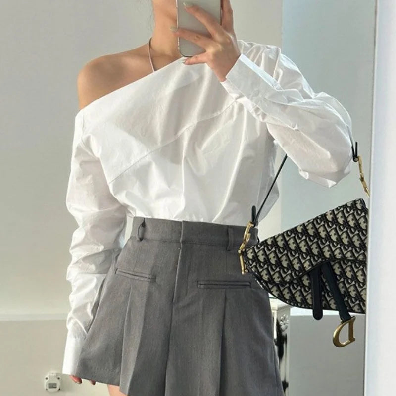 Women’s Off-Shoulder White Blouse | Elegant Long Sleeve Top