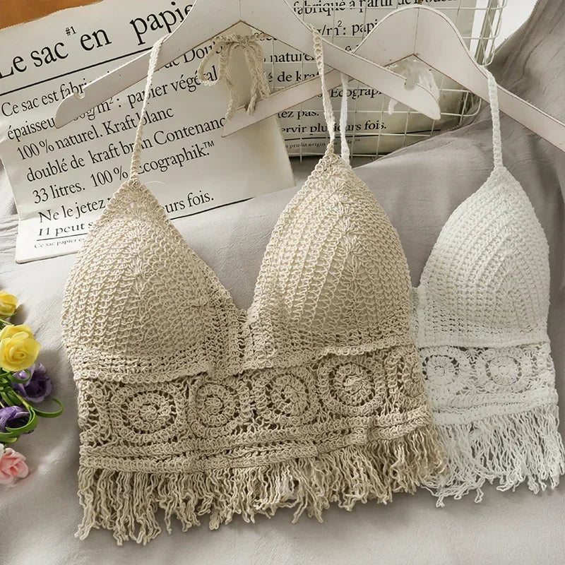 Retro Sexy Crop Tank Top – Hollow Out Tassel Halter Neck Spaghetti Strap Top with Built-In Bra