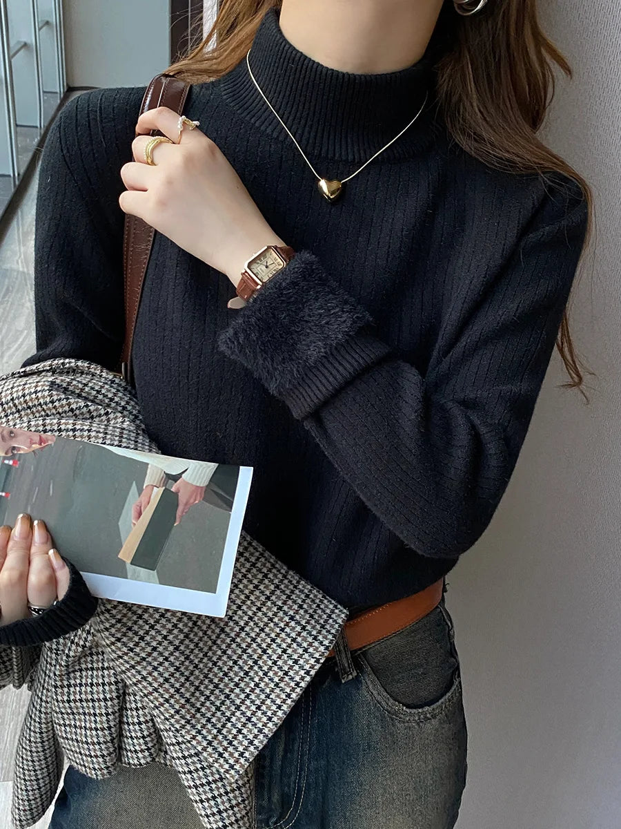 Women’s Retro Turtleneck Sweater 2026 – Thick Fleece-Lined Thermal Pullover for Autumn/Winter