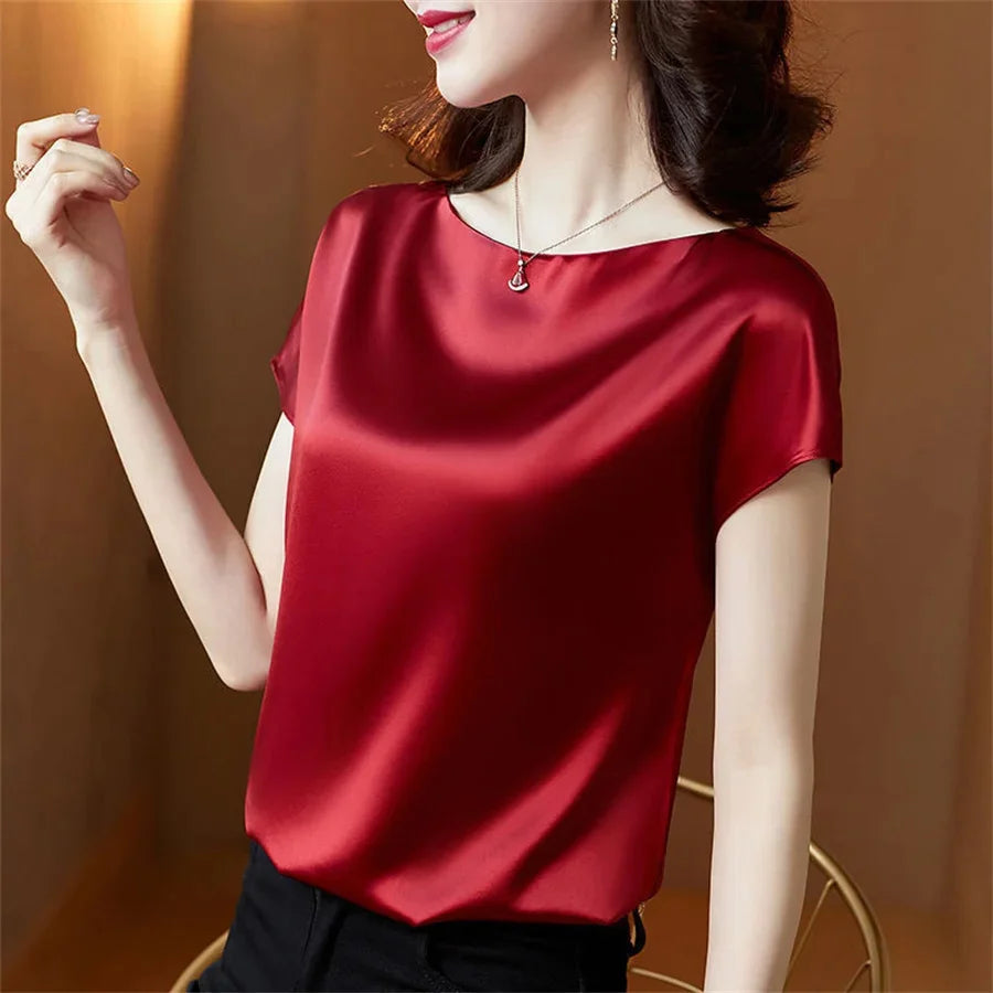 Women’s Satin O-Neck Blouse | Loose Short Sleeve Top