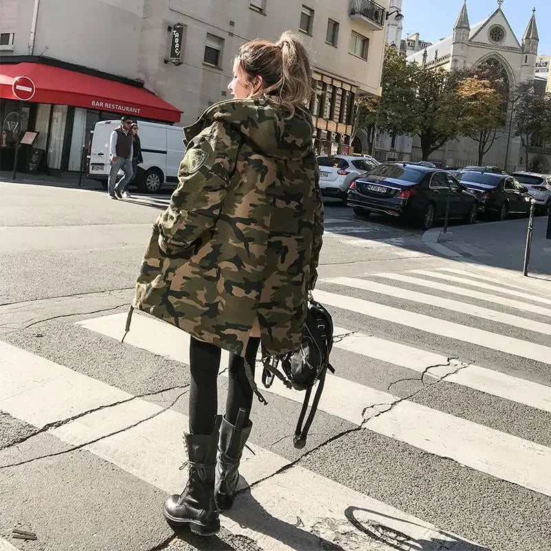 Camouflage Women’s Long Parka | Hooded Thick Korean Style Cargo Coat