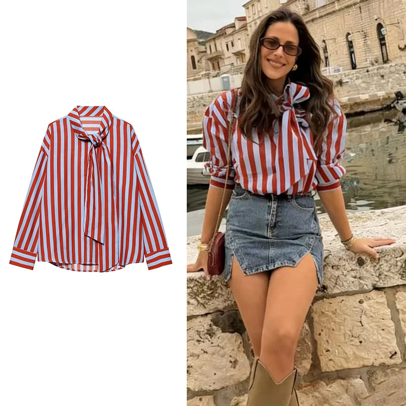 Women’s Striped Loose Blouse | Bow Detail Shirt