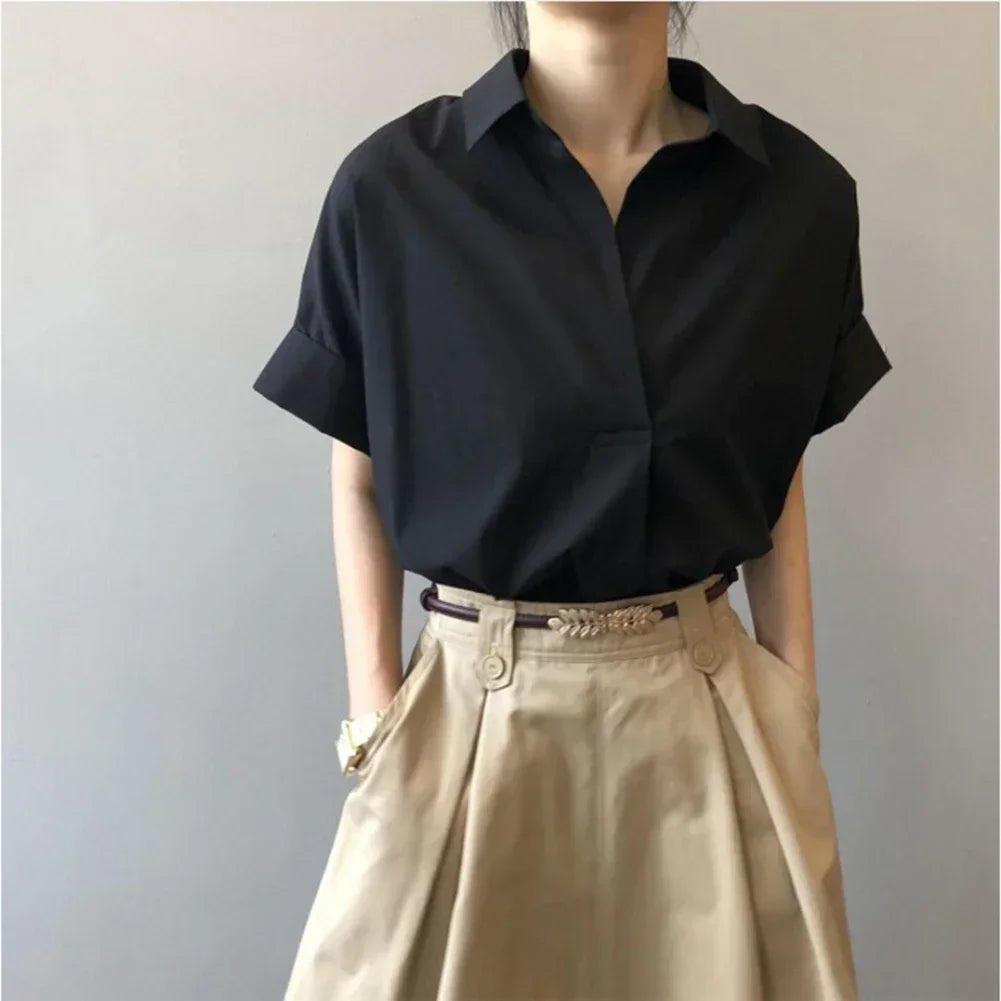 Women’s Short Batwing Sleeve Shirt – Breathable Turn-Down Collar Casual Top for Spring & Summer