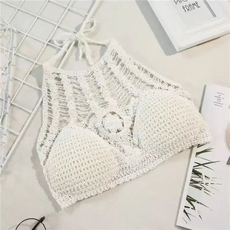 Retro Sexy Crop Tank Top – Hollow Out Tassel Halter Neck Spaghetti Strap Top with Built-In Bra