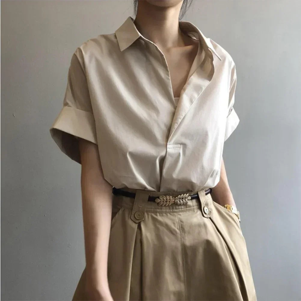 Women’s Short Batwing Sleeve Shirt – Breathable Turn-Down Collar Casual Top for Spring & Summer