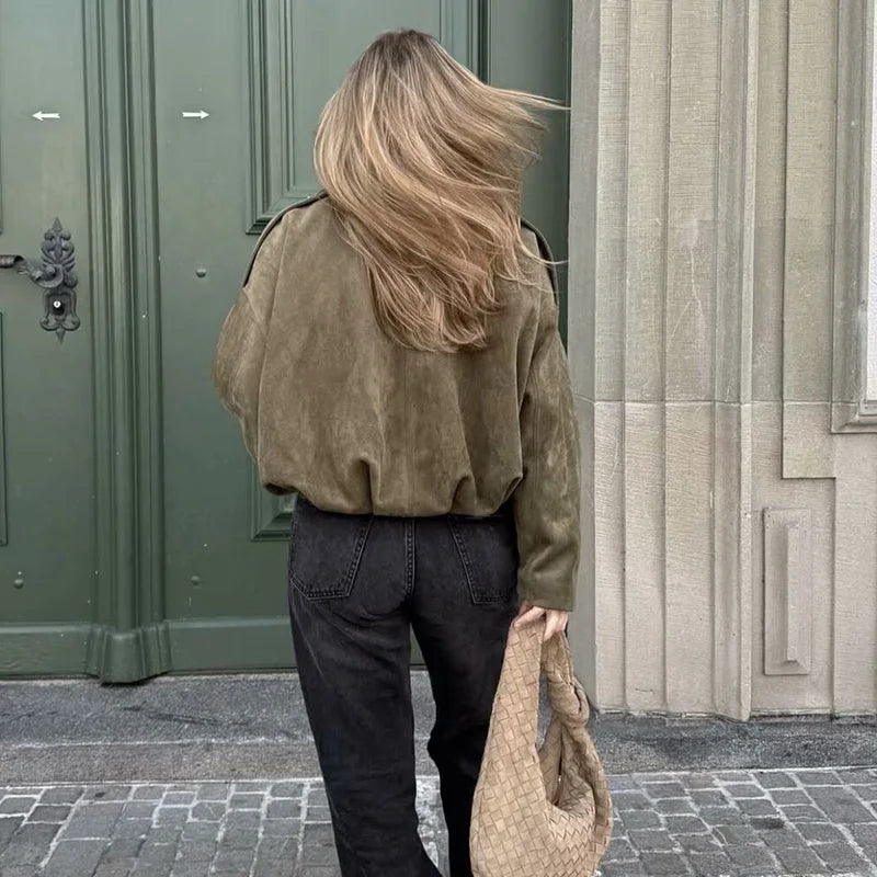 Women’s Vintage Bomber Jacket | Loose Fit Casual Zip-Up Coat