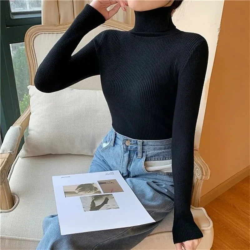 Slim Turtleneck Sweater Women Knit Thermal Winter Top