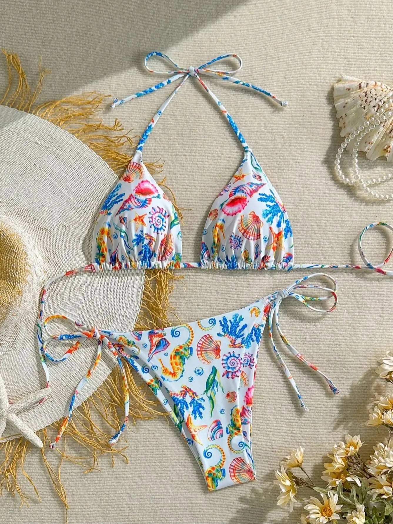 Women’s Shell Print Bikini Set – Sexy Triangle Top & Tie-Side Thong Swimwear