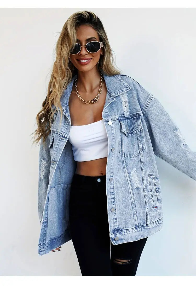 Women’s Vintage Denim Jacket – Distressed Button-Up Jean Coat