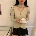 Women’s V-Neck Lace Splice Sweater – Slimming Knitted Pullover for Autumn/Winter