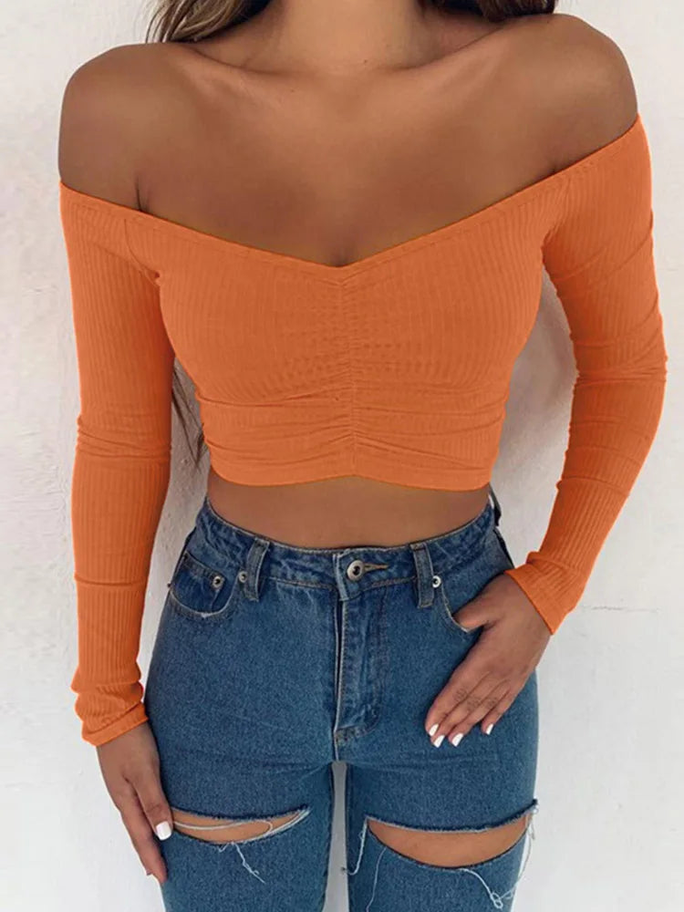 Women’s Off-Shoulder Long Sleeve Crop Top – Slim Fit Solid Color T-Shirt