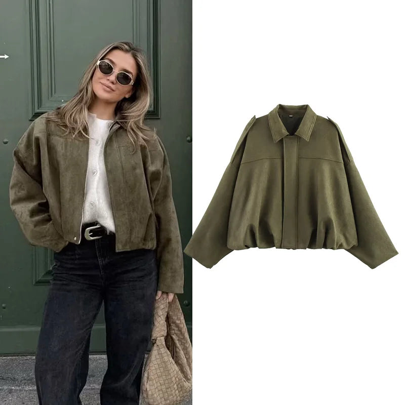 Women’s Vintage Bomber Jacket | Loose Fit Casual Zip-Up Coat