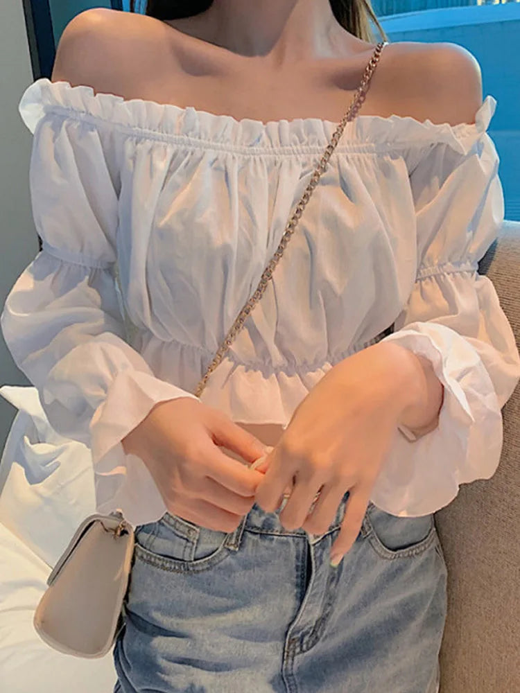 Women’s Off-Shoulder Crop Blouse | Puff Sleeve Ruffle Top
