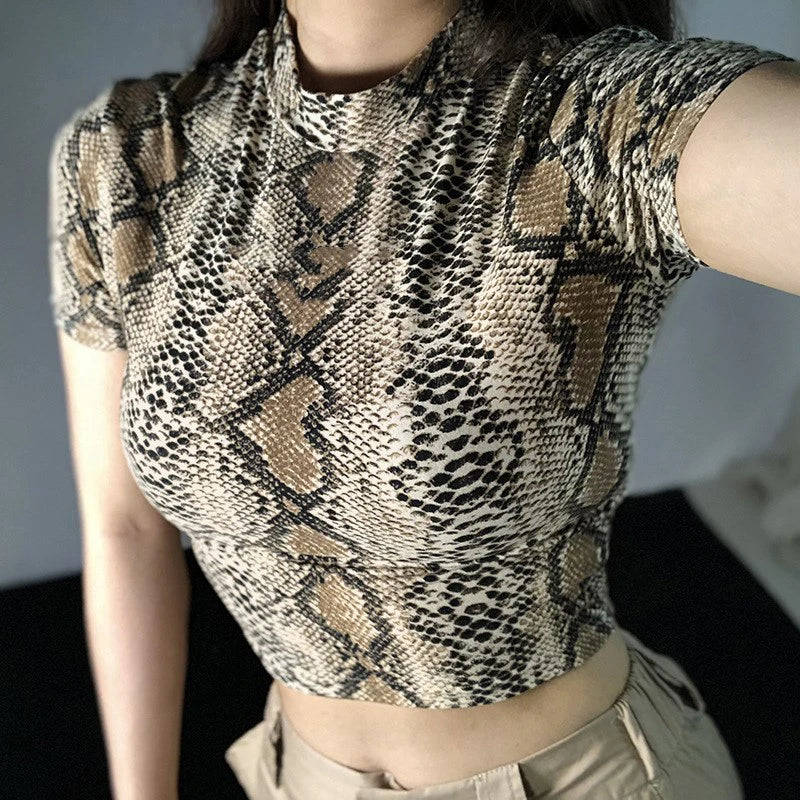 Snake Print Crop Top Women High Neck Slim Tank