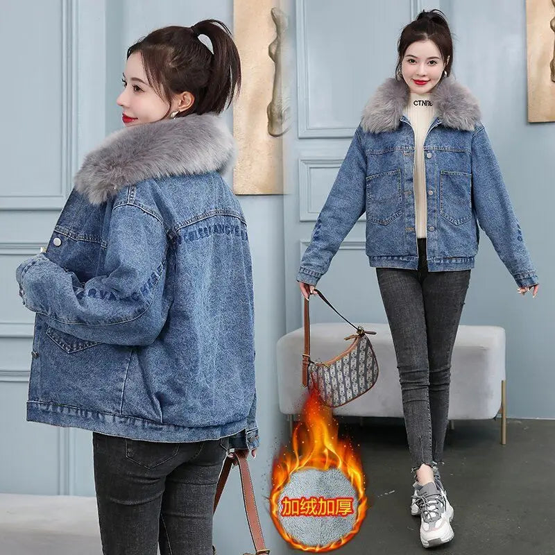 Women’s Denim Winter Jacket 2025 | Warm Fur Patchwork Cowgirl Coat