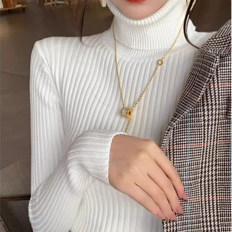 White Turtleneck Sweater Women Slim Knit Office Pullover