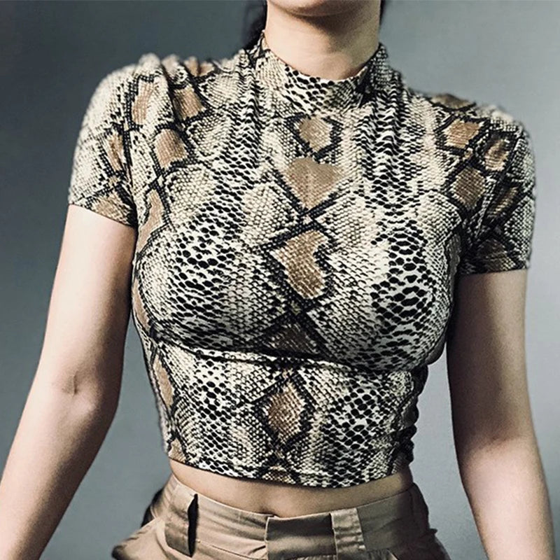 Snake Print Crop Top Women High Neck Slim Tank