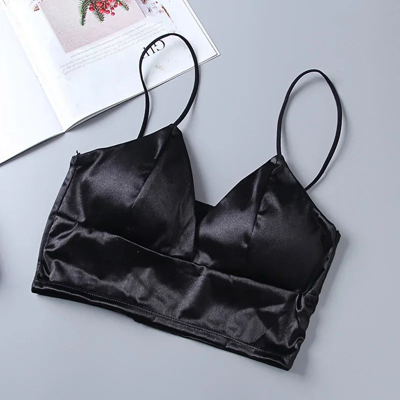 Sexy Satin Crop Top – Wireless Padded Bralette Camisole with Spaghetti Straps for Women