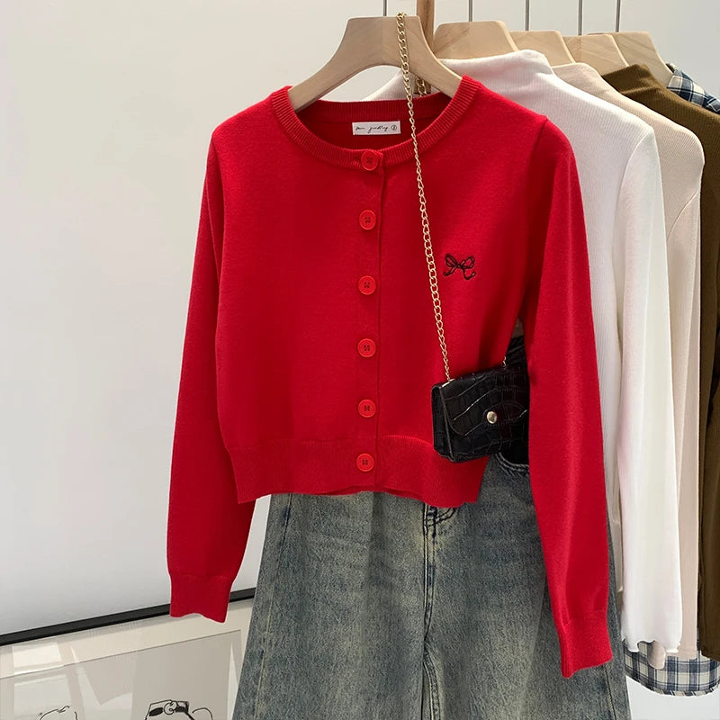 Women’s Embroidered Knit Cardigan | O-Neck Button Sweater