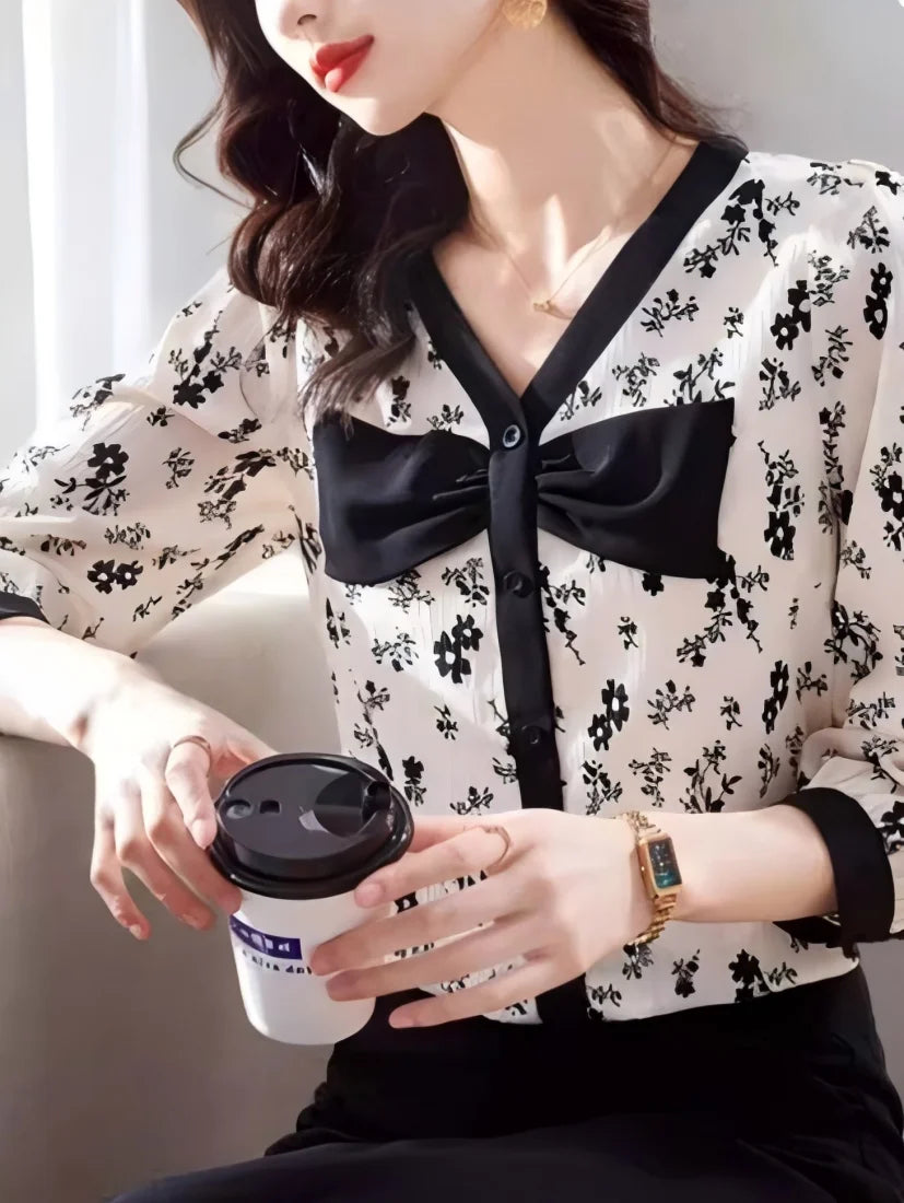 Women’s Floral V-Neck Blouse | Bowknot Elegant Shirt
