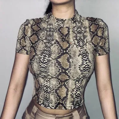 Snake Print Crop Top Women High Neck Slim Tank