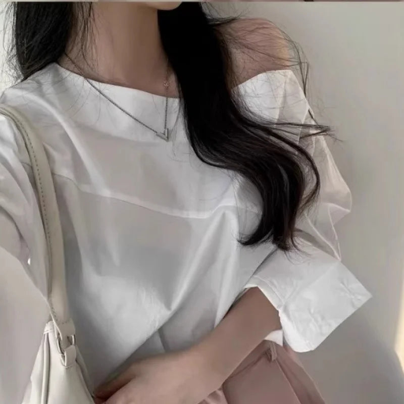 Women’s Off-Shoulder White Blouse | Elegant Long Sleeve Top