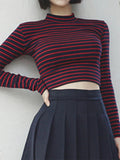 Striped Turtleneck Crop Top Women Slim Long Sleeve Tee