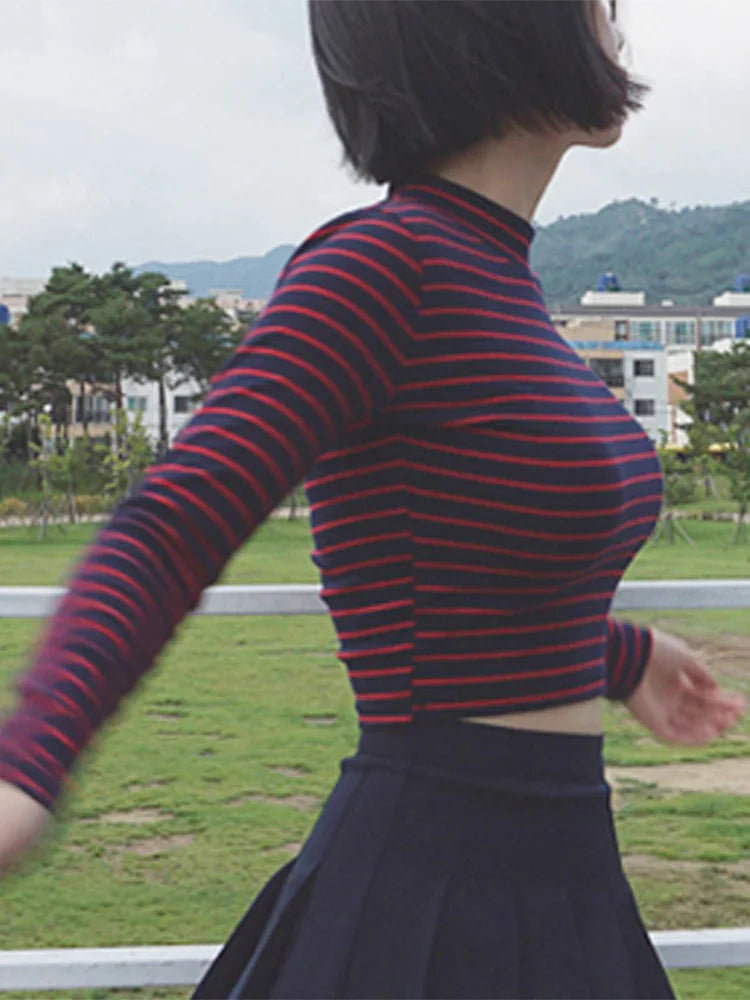 Striped Turtleneck Crop Top Women Slim Long Sleeve Tee