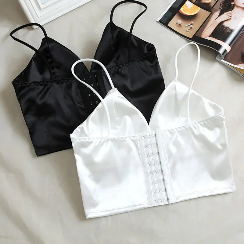 Women’s Satin Crop Top – Padded Wireless Camisole with Spaghetti Straps