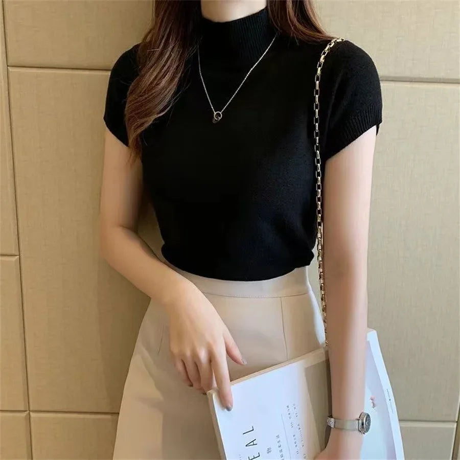 Women’s Short Sleeve Turtleneck Top | Slim Knit Blouse