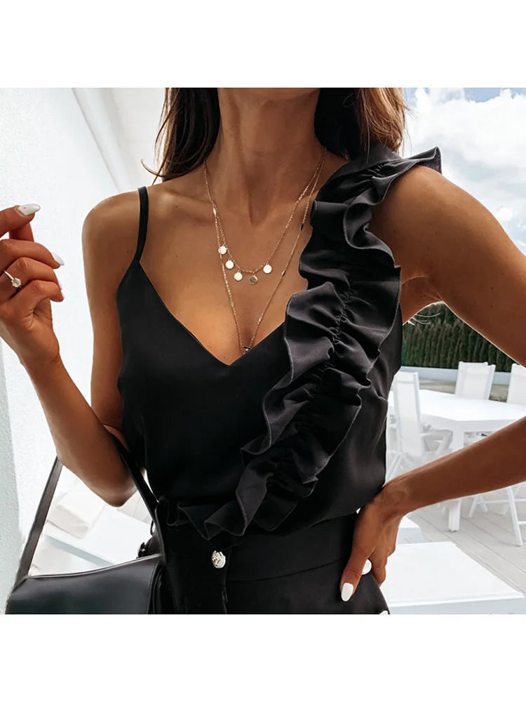 Women’s V-Neck Ruffle Blouse | Sleeveless Backless Top