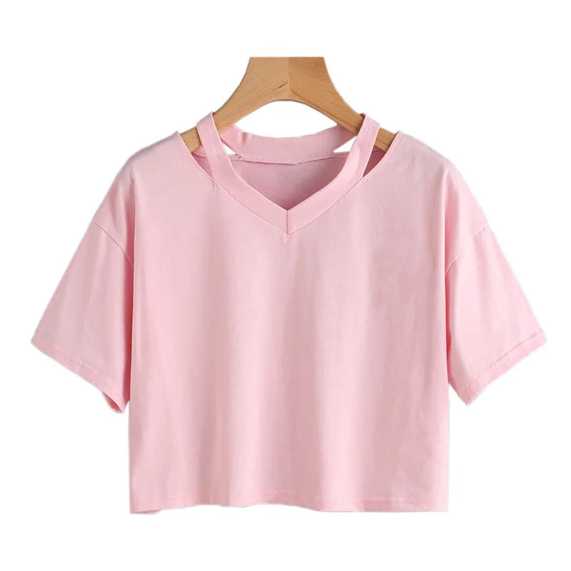 Women’s V-Neck Crop Top – Short Sleeve Slim Fit Summer T-Shirt