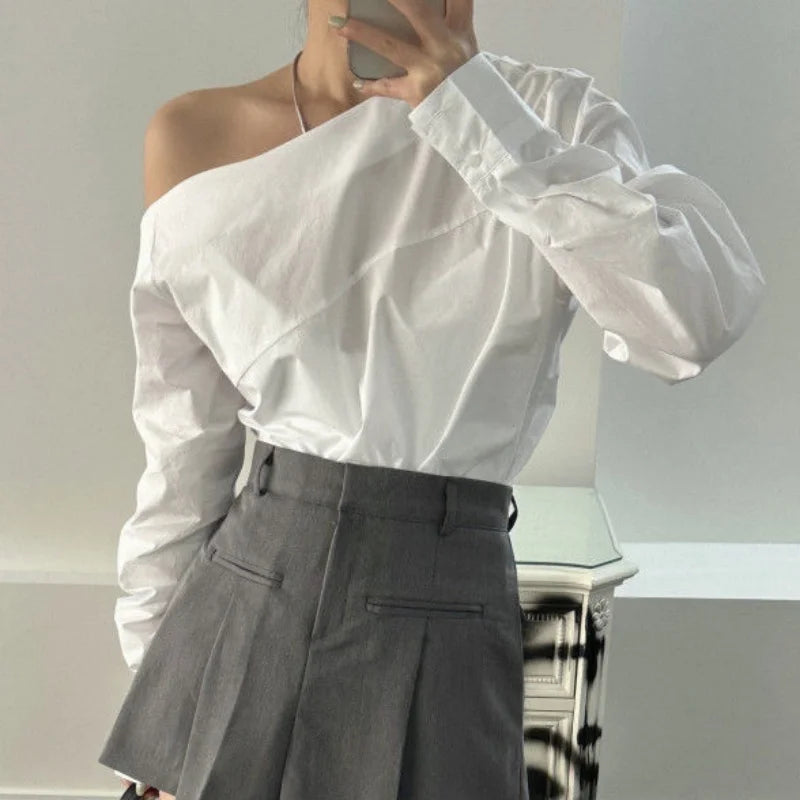Women’s Off-Shoulder White Blouse | Elegant Long Sleeve Top