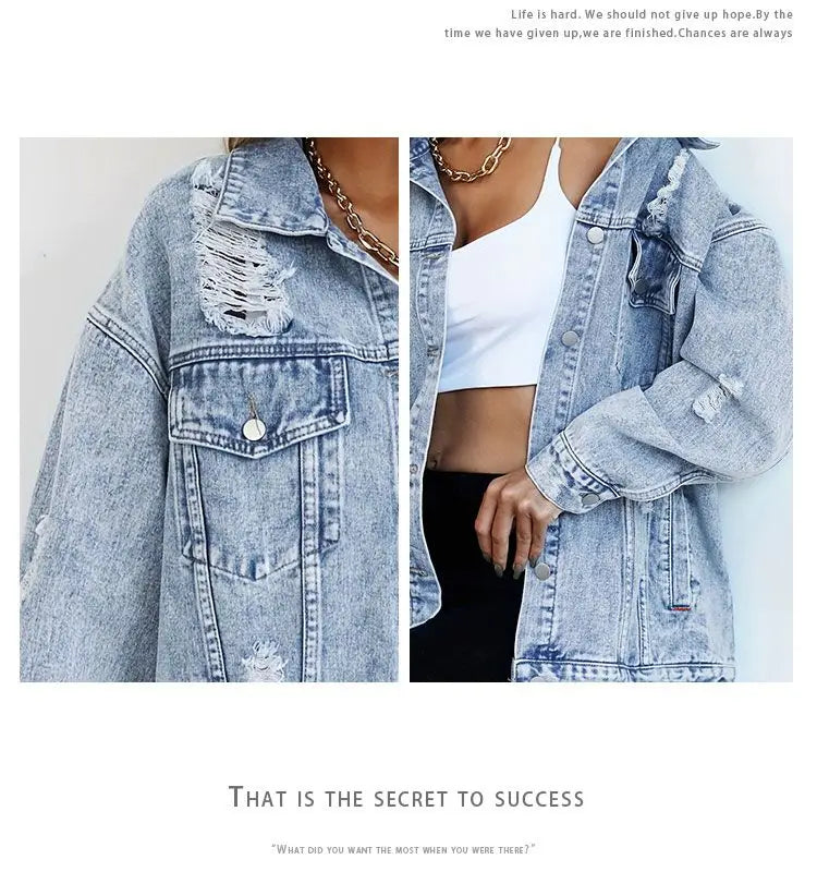 Women’s Vintage Denim Jacket – Distressed Button-Up Jean Coat