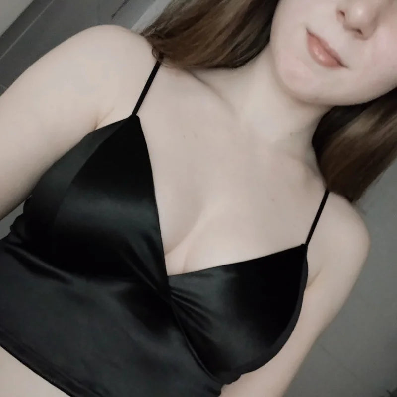 Women’s Satin Crop Top – Padded Wireless Camisole with Spaghetti Straps