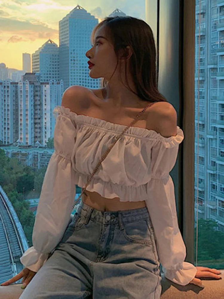 Women’s Off-Shoulder Crop Blouse | Puff Sleeve Ruffle Top