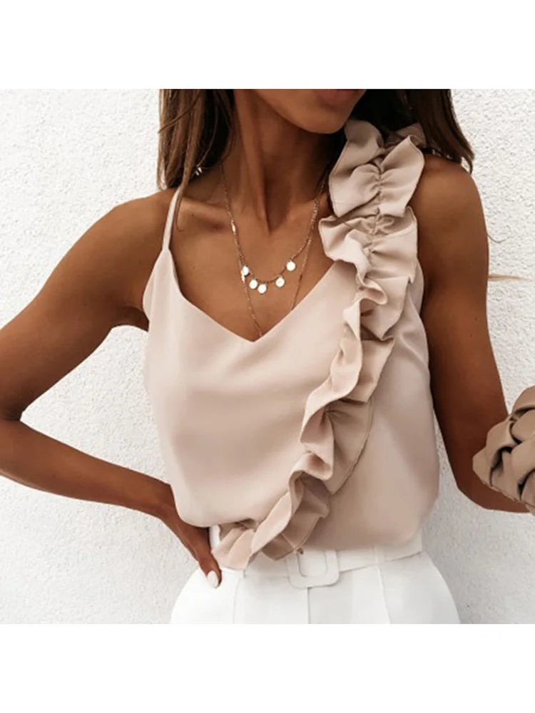 Women’s V-Neck Ruffle Blouse | Sleeveless Backless Top