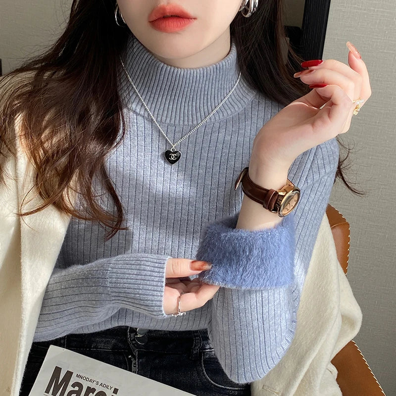 Women’s Retro Turtleneck Sweater 2026 – Thick Fleece-Lined Thermal Pullover for Autumn/Winter